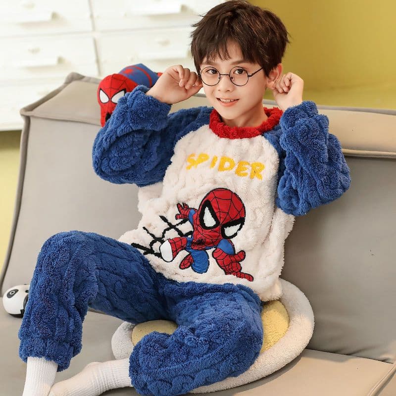 Roupa de Inverno para Crianças, Conjunto de Pijama para Meninos com Padrão de Desenho Animado, Flanela Grossa, Manga Lon