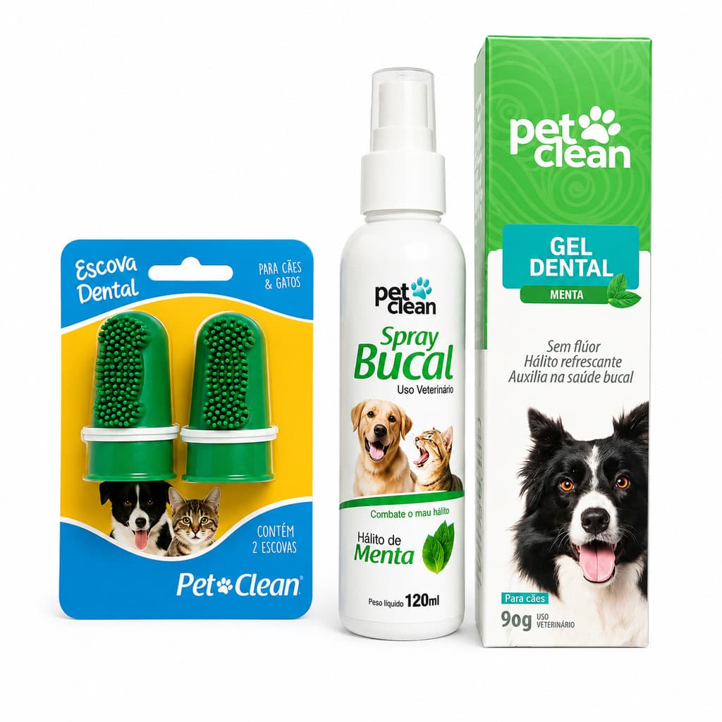 Kit Gel Dental + Spray Bucal + Escova Dedeira Pet Clean Menta