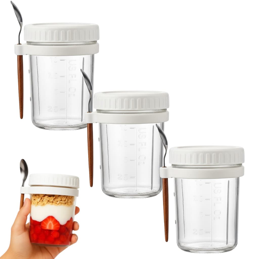 Kit 3 Copos De Vidro 350ml Tampa E Colher Iogurte Frutas