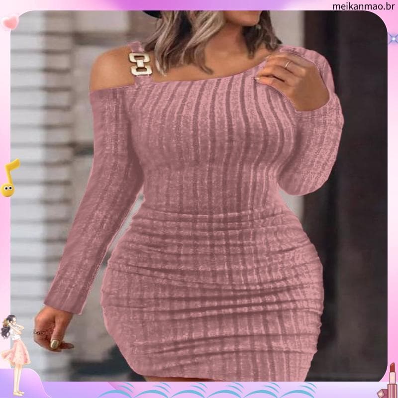 Mulheres E # 39moda Corrente Decoração Ombro Frio Bodycon Vestido Novo Outono Inverno S olid Casual Manga Longa Pele Min