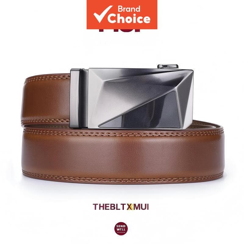 Cinto masculino de couro legítimo com fivela automática de liga geométrica plana, acessório de moda casual para