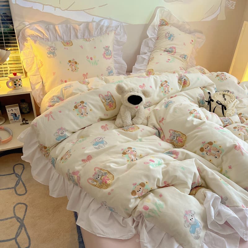 Conjunto de quatro peças estilo princesa coreano menina coração algodão lavado algodão conjunto de três peças algodão pu