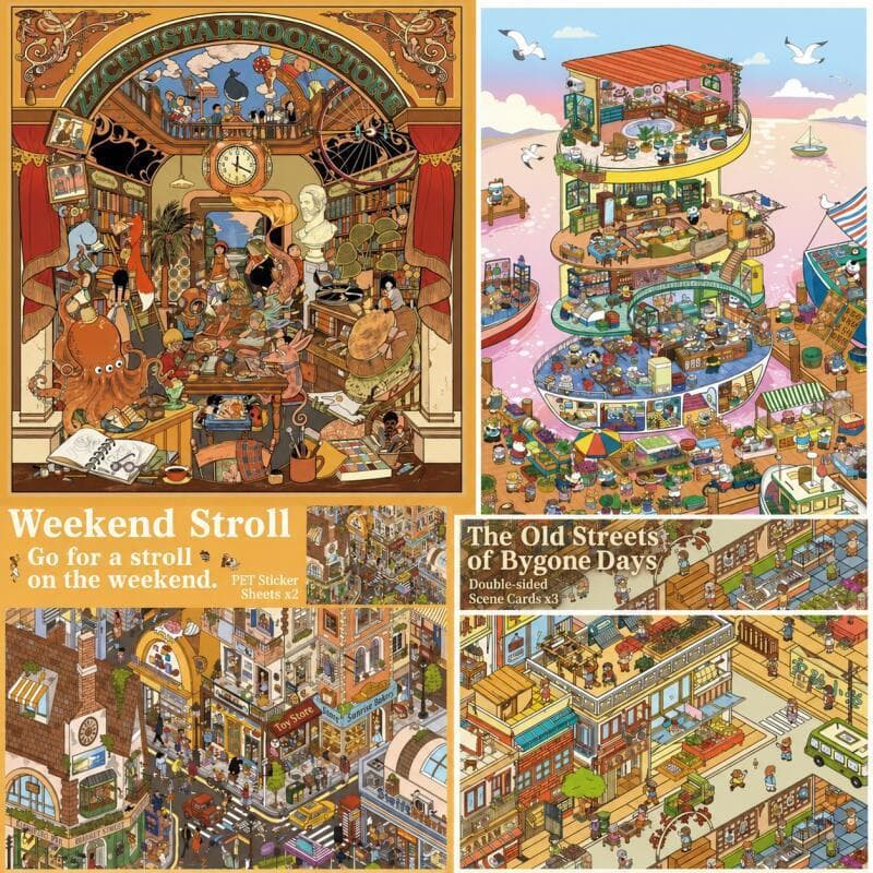 ENWEI 4 Peças [Série De Cenas De Rua Antiga] Adesivos Grandes De Paisagem Diorama Café Mercado Porta Diário Suprimentos