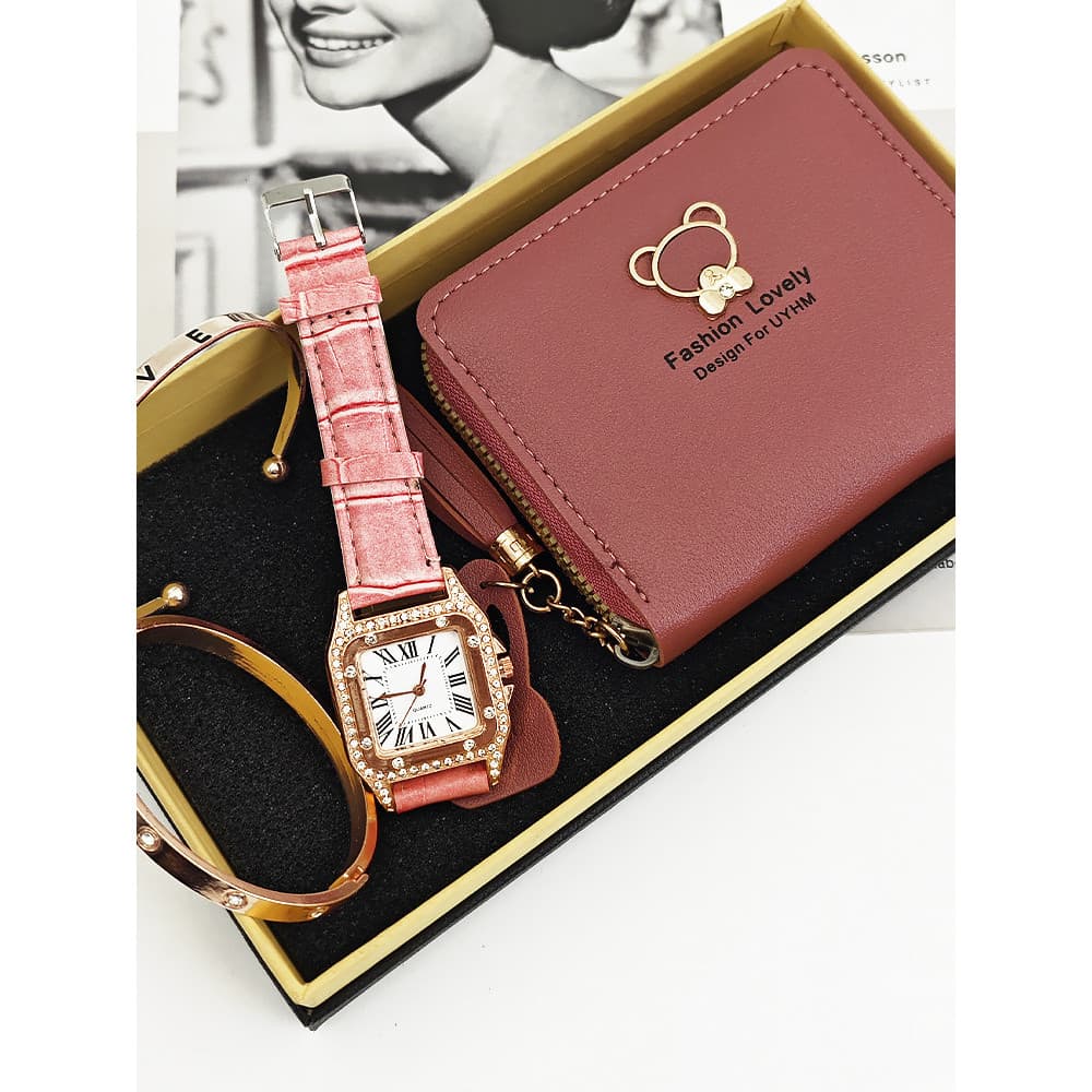 Moda feminina conjunto de relógio presente curto urso carteira pulseira relógio feminino conjunto