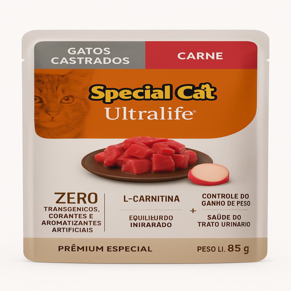 kit com 12 Saches Special Cat Ultralife  (Gatos Castrados) sabor CARNE