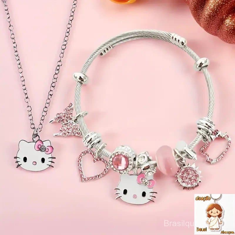 2 Pçs/set Sanrio Hello Kitty Encantos Pulseiras Bonito KT Gato Pulseira E Colar Para Pequena Namorada Fresca Acessórios