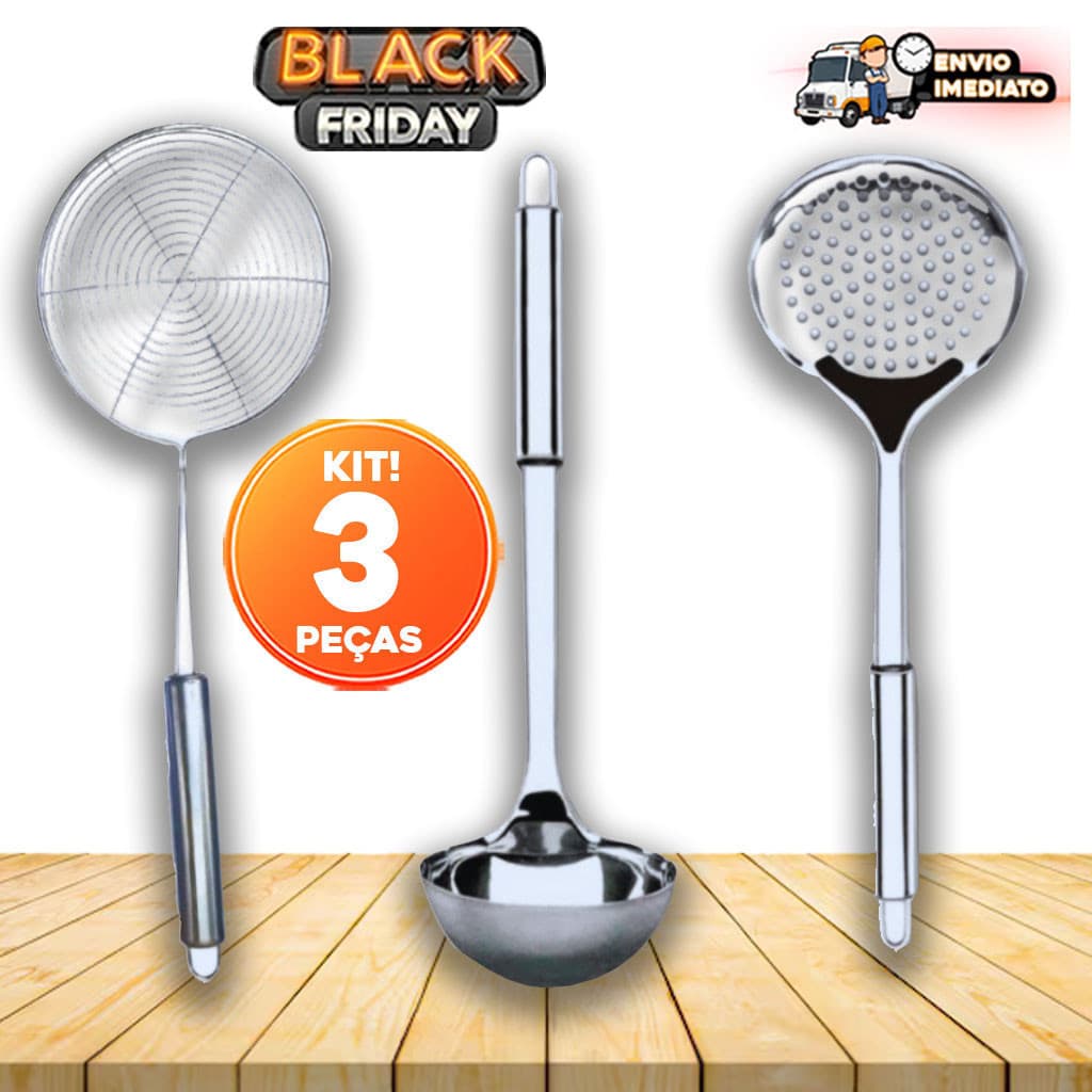 Kit 3 Peças de Utensílios de Cozinha – Concha para Sopas, Escumadeira para Arroz e Escumadeira para Frituras leve