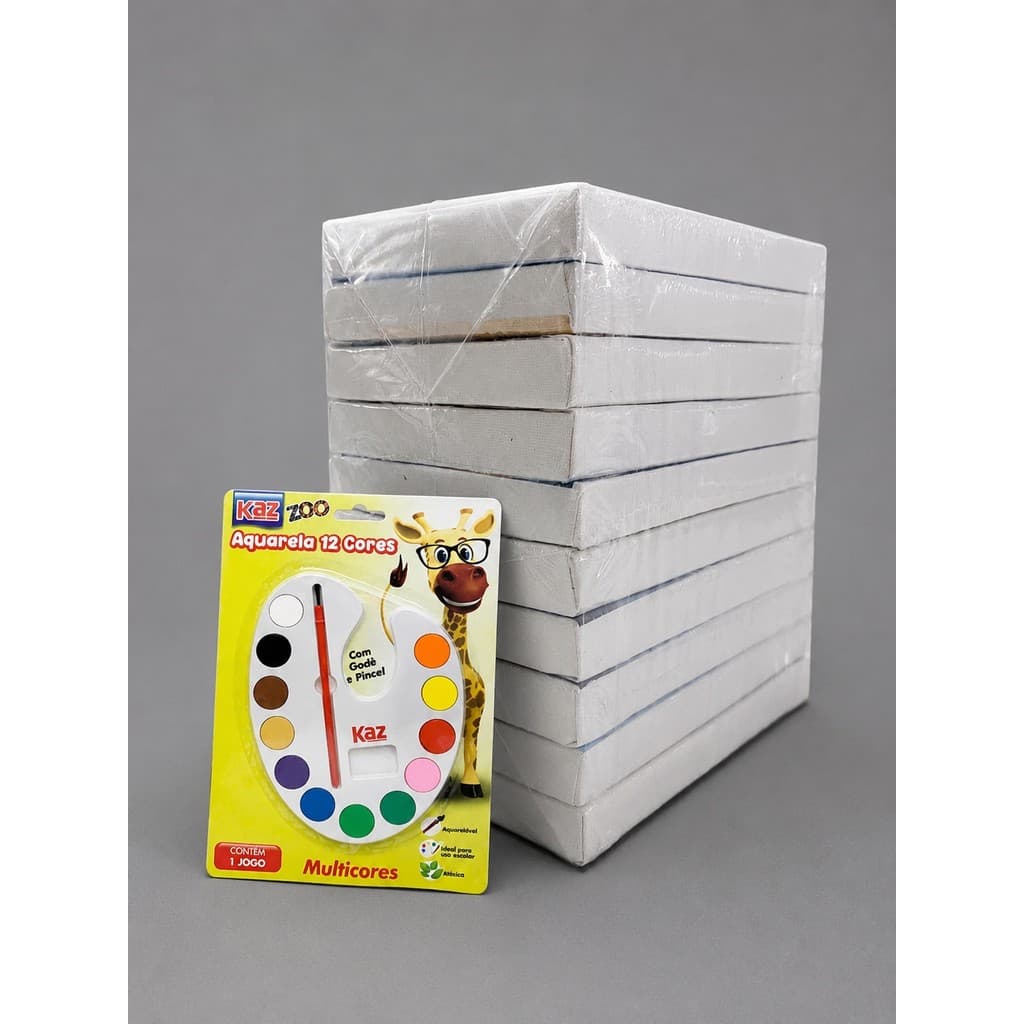 Kit Pintura Infantil 10 Telas 10x15cm Aquarela Kaz 12 Cores e Pincel