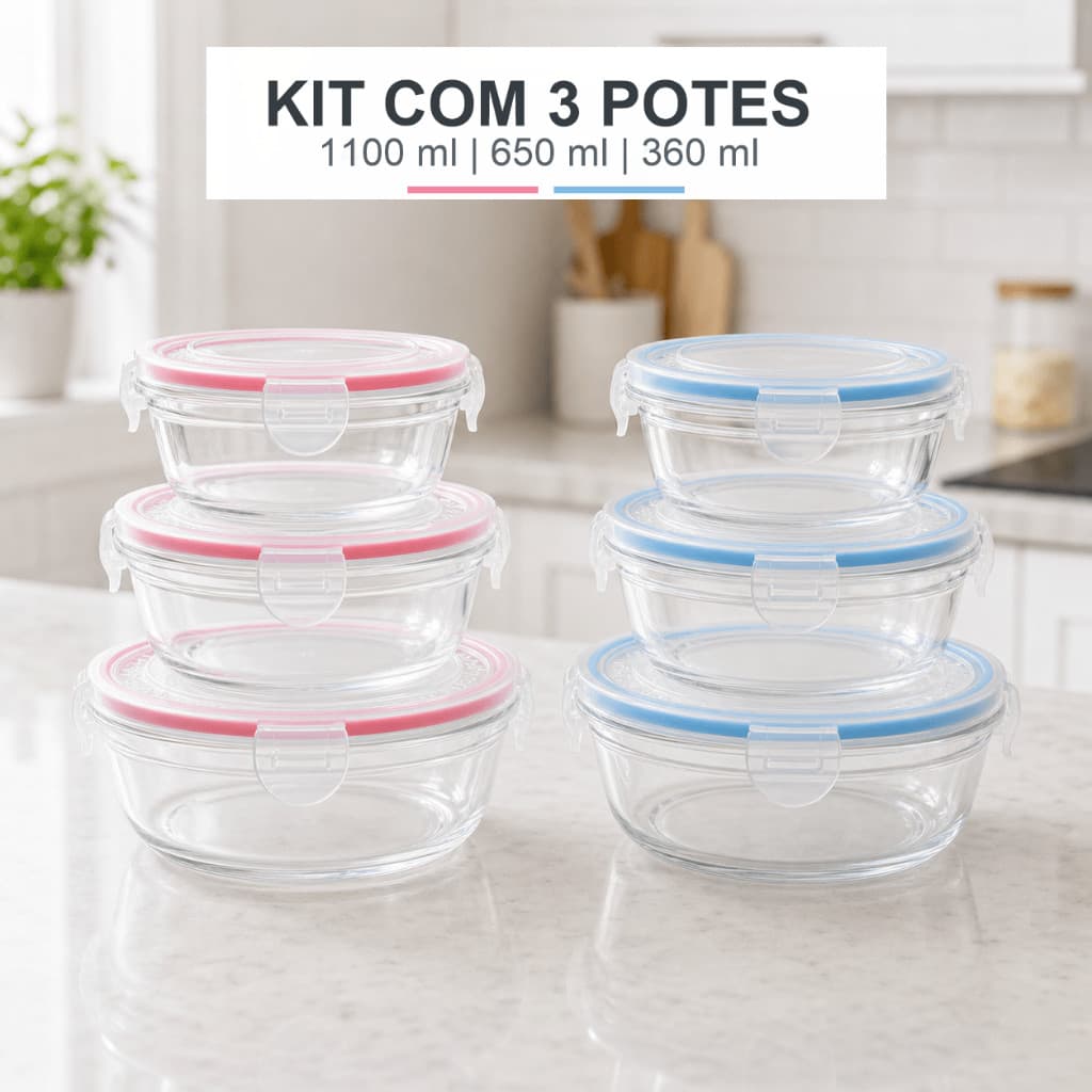 Kit 3 Potes Herméticos de Plástico 1100ml 650ml 360ml Conjunto Redondo Pote de Vedação Marmita Fitness comTravas