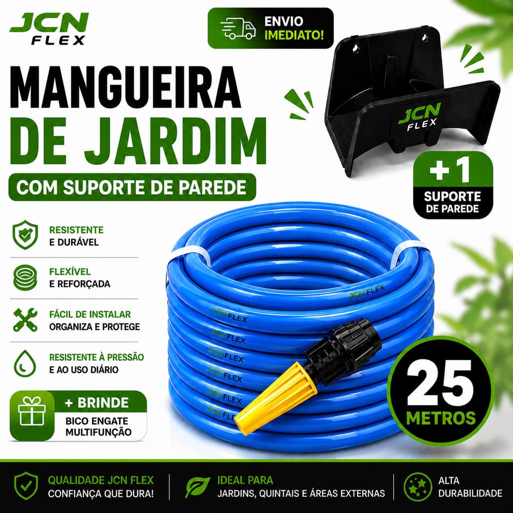 Mangueira Jardim 25m Flexível Reforçada com Enrolador e Bicos JCN FLEX