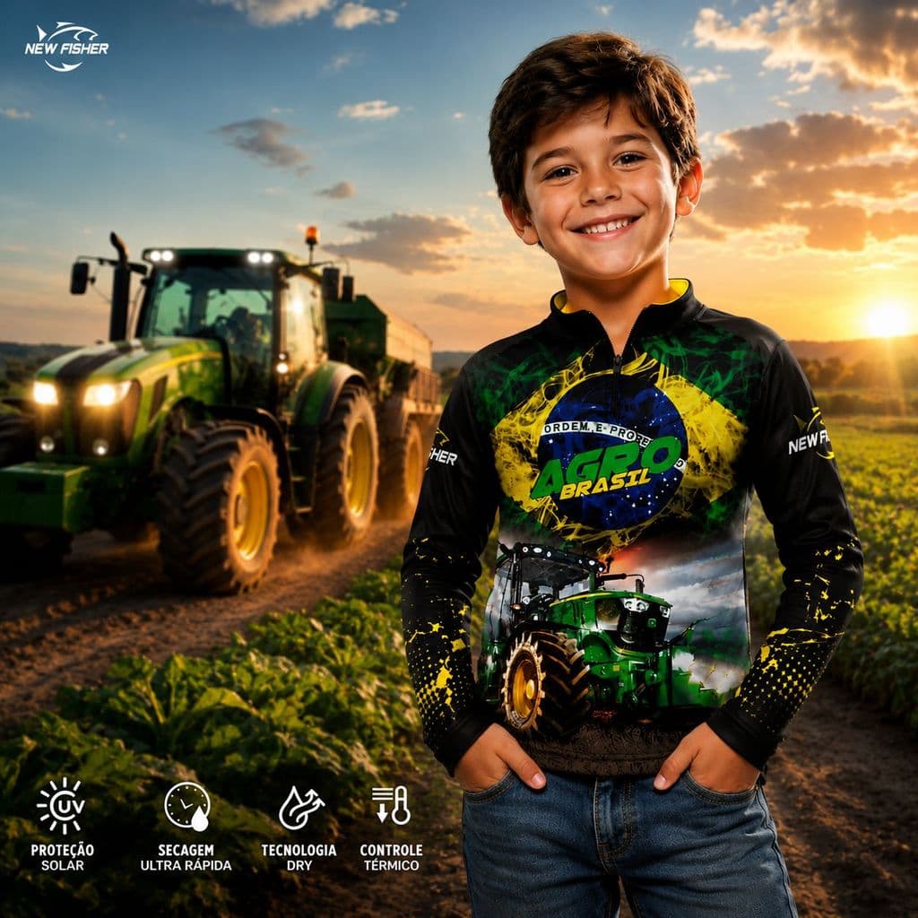 NF60I - Camisa Agro Brasil Blusa de Pesca Infantil New Fisher  - com proteção UV50+