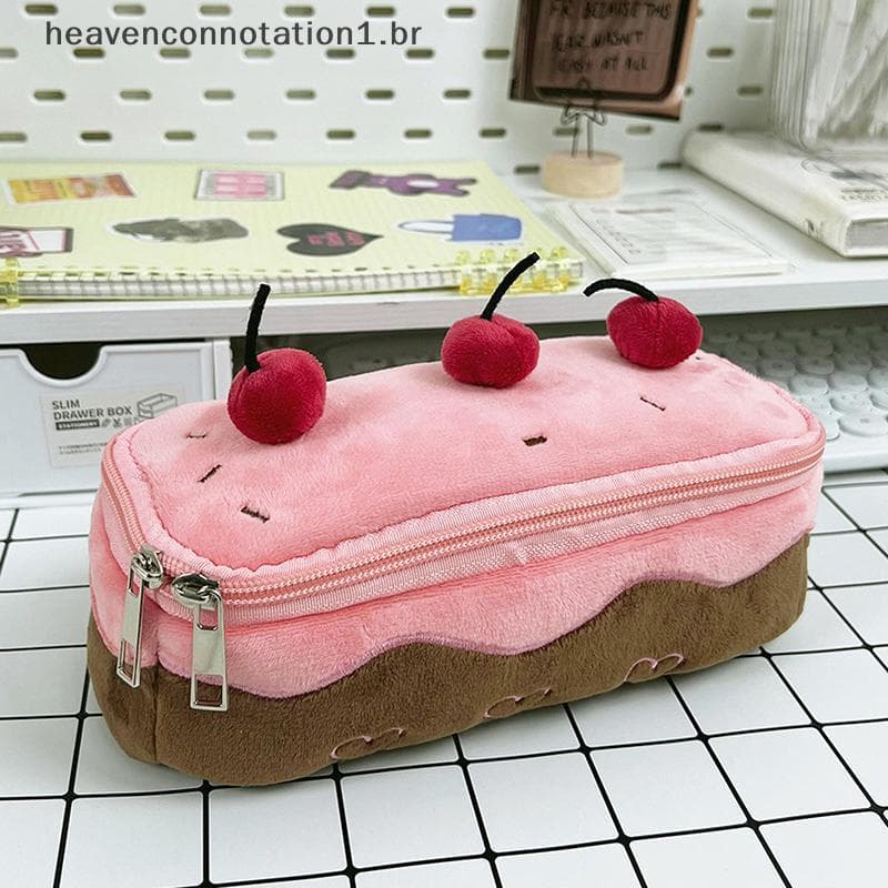 heav Estojo De Lápis De Bolo De Cereja De Pelúcia Fofo De Alto Valor Bolsa De Cosméticos De Grande Capacidade Papelaria