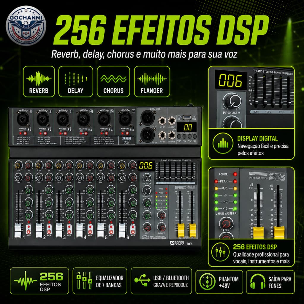 Mixer Profissional 6 Canais com 256 Efeitos DSP Bluetooth USB Gravação e Saída XLR P10