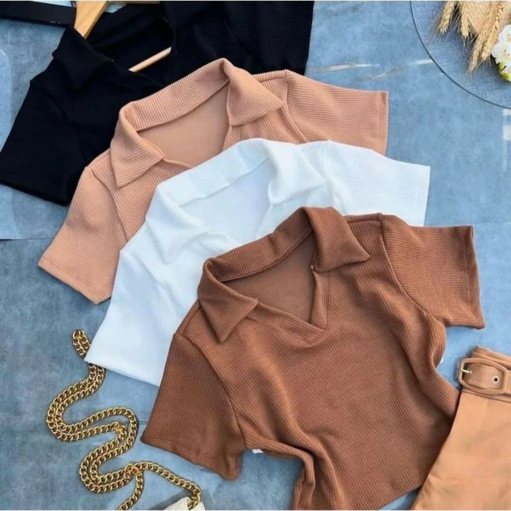 Kit 2 Cropped Polo Feminino Manga Curta Casual Blogueira Justo Canelado Macio Confortavel