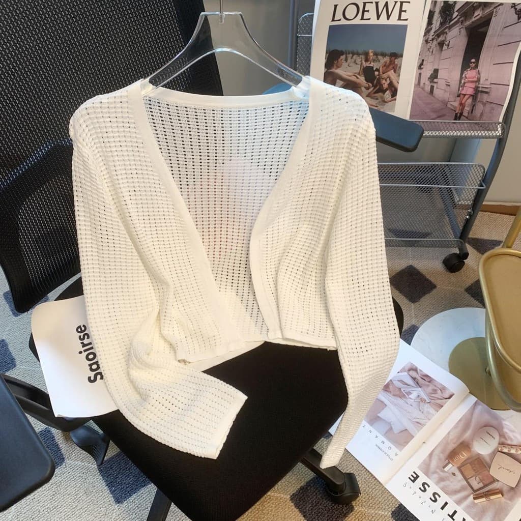 Cardigã feminino de verão em malha fina vazada, adequado para uso ao ar livre, combinado com uma saia suspensa, xale cur