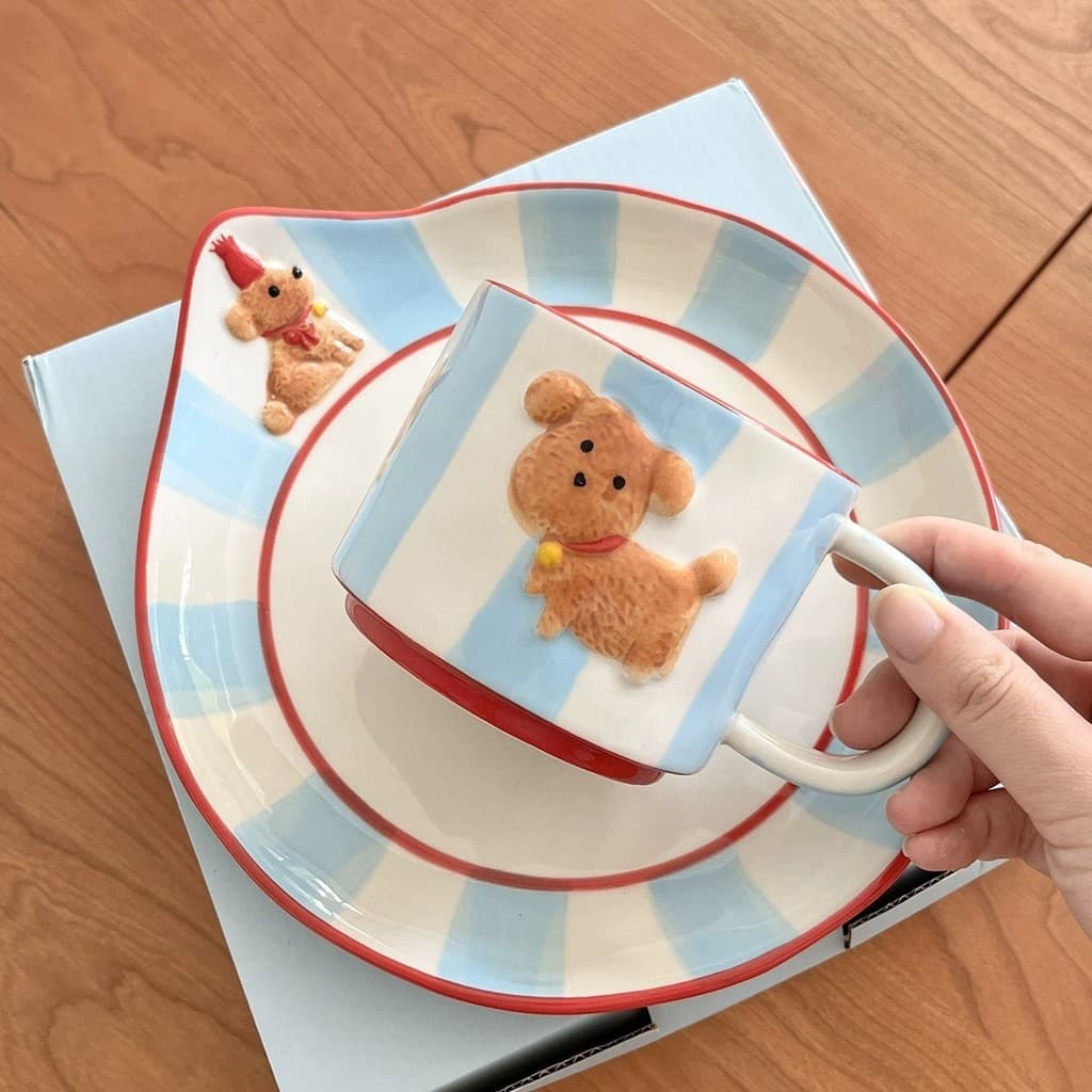 Conjunto de caixa de presente de cerâmica colorida Underglaze | Prato de café da manhã com caneca de cachorrinho pintada