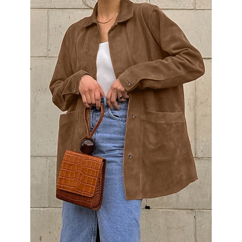 Casaco de camurça marrom para mulheres, moda de outono, design solto, gola com lapela, roupa feminina.