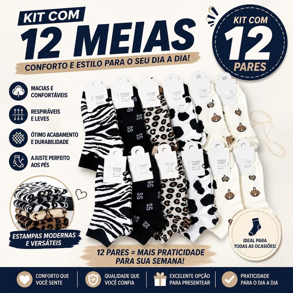 kit 12 Pares de Meia UniSex Adulto e Juvenil Estampadas Gibis Modernas de Algodão