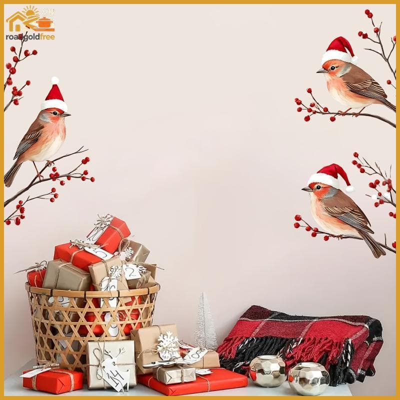 1PC Três Pássaros Em Chapéus De Papai Noel Janela Stiers Tema De Natal Ramos De Frutas Vermelhas Parede Decorativa Para