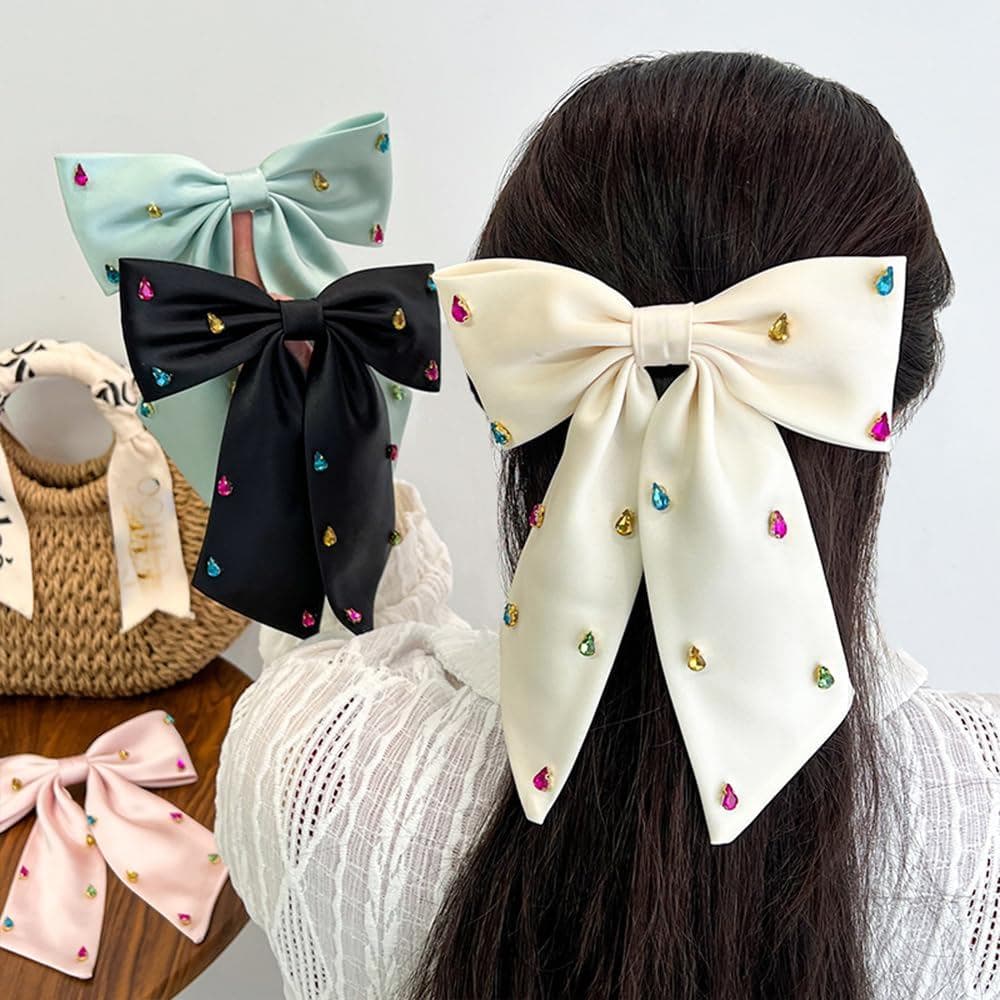 Laços de Cabelo para Aniversário para Mulheres, Presilhas de Laço, Laços Grandes de Cristal, Fitas de Cabelo de Cetim, A