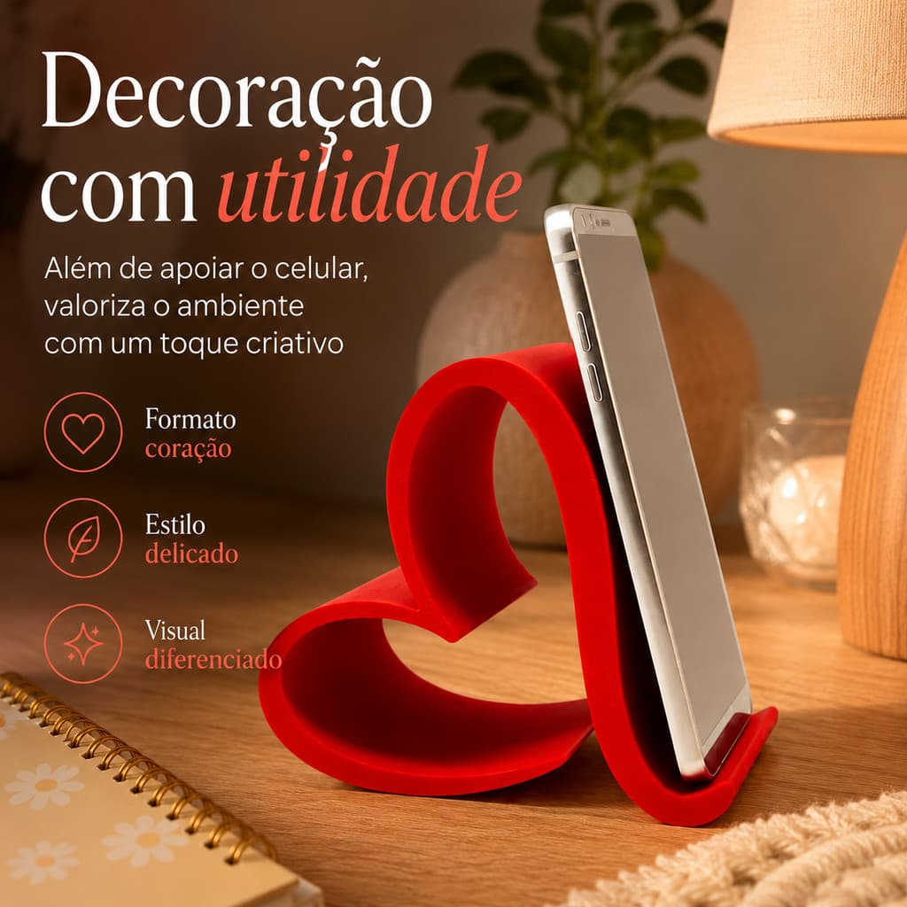 Suporte para Celular de Mesa Coração Decorativo Fofo para Escritório e Quarto