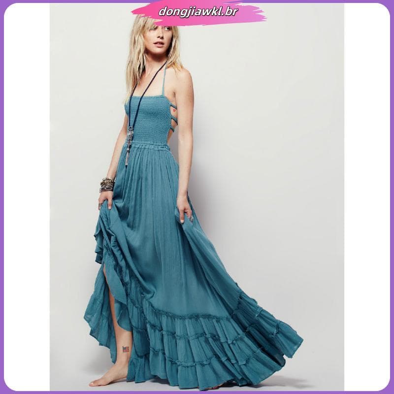 Mulheres E # 39 ; s Vestido Longo De Praia Boh emian Sem Costas , De Algodão