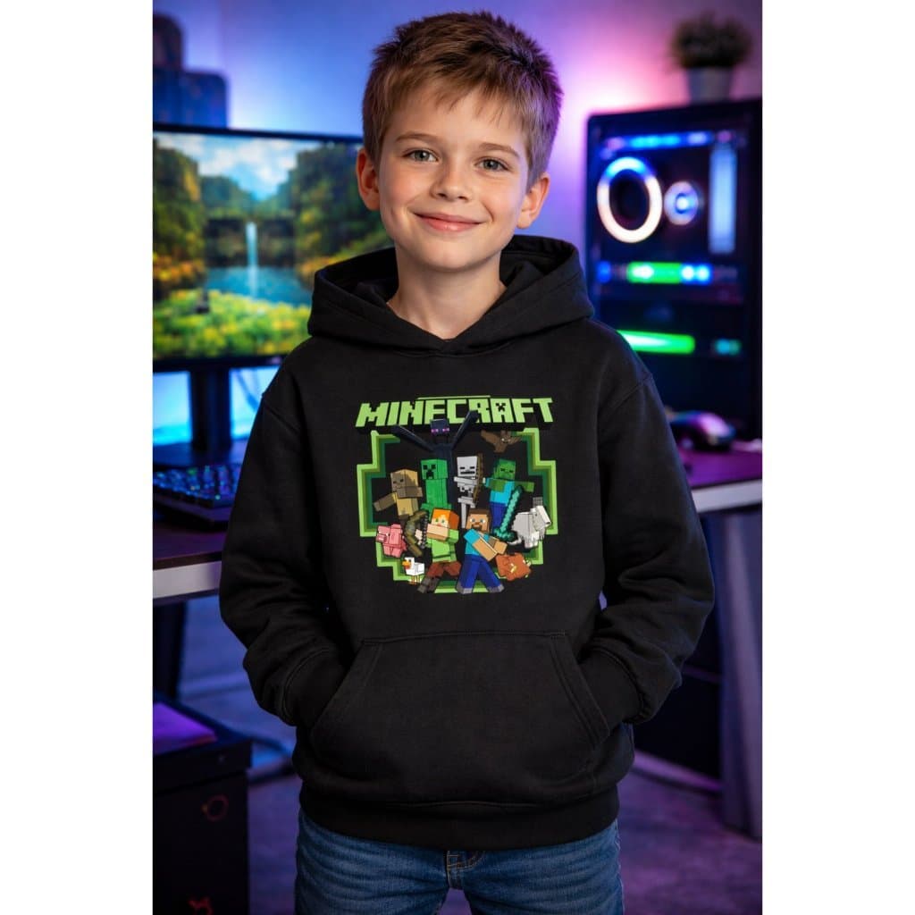 Moletom Canguru Estampado Infantil Minecraft Jogo Blocos Quadrados Gamer Menino