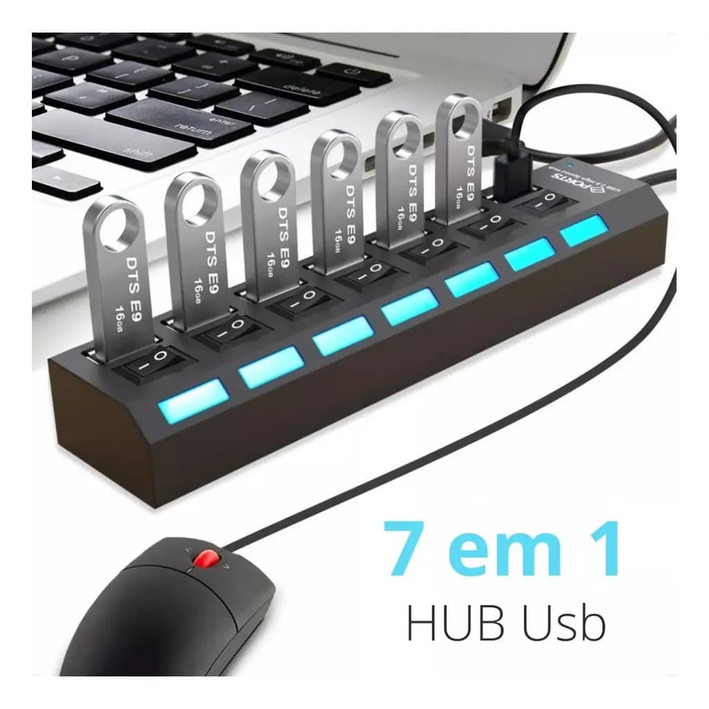Hub 7 Portas USB Botoes Liga e Desliga