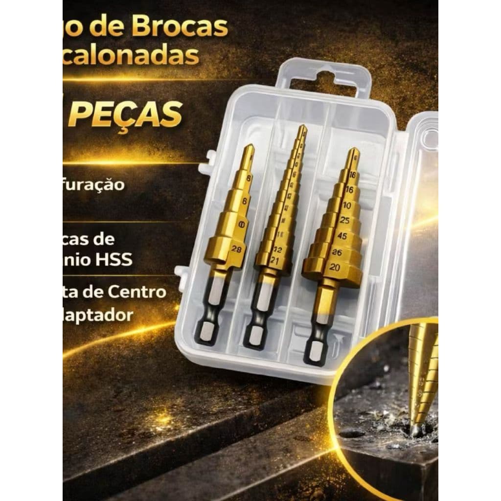 Jogo de Brocas Escalonada HSS Titanium Maleta Premium 3 Pçs  Alta Durabilidade Kit Broca 3 Pçs p/ Metal Madeira Plástico