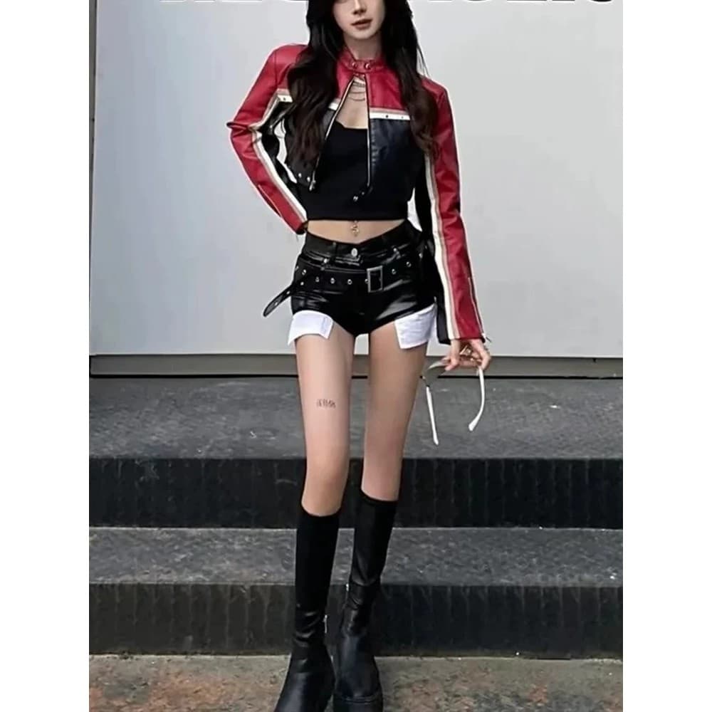 High-End americano Retro fino-ajuste motocicleta jaqueta de couro curto feminino temporada contraste cor mais magro olha