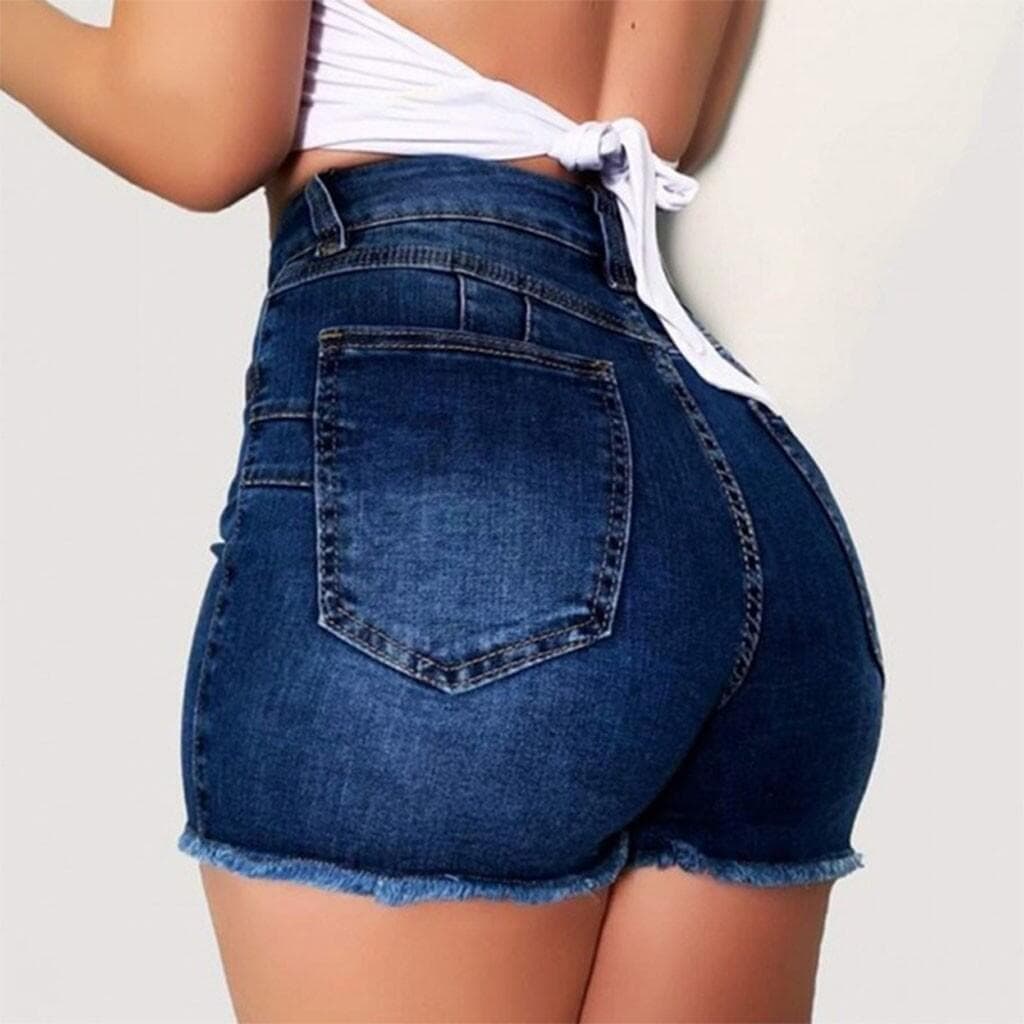 Shorts jeans femininos elásticos, justos, rasgados e com franjas, no estilo popular europeu e americano.