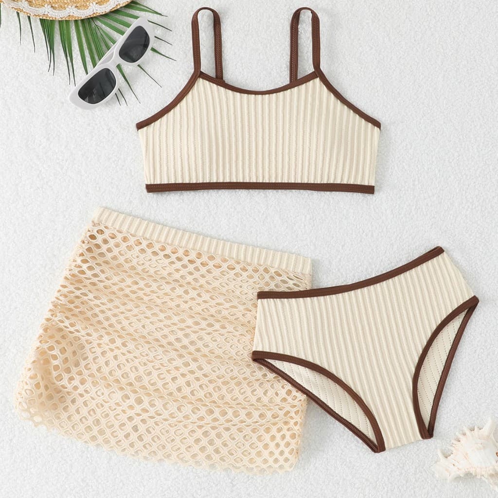 8-12Y Crianças Meninas Conjunto De Maiô De Três Peças Novo Bandeau Beachwear Banhistas Terno De Natação