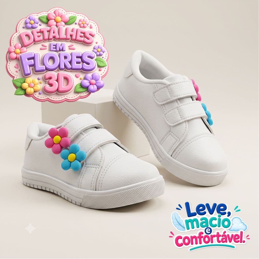 Tênis Infantil Menina Flores com Velcro Macio Confortável Antiderrapante Leve  Casual