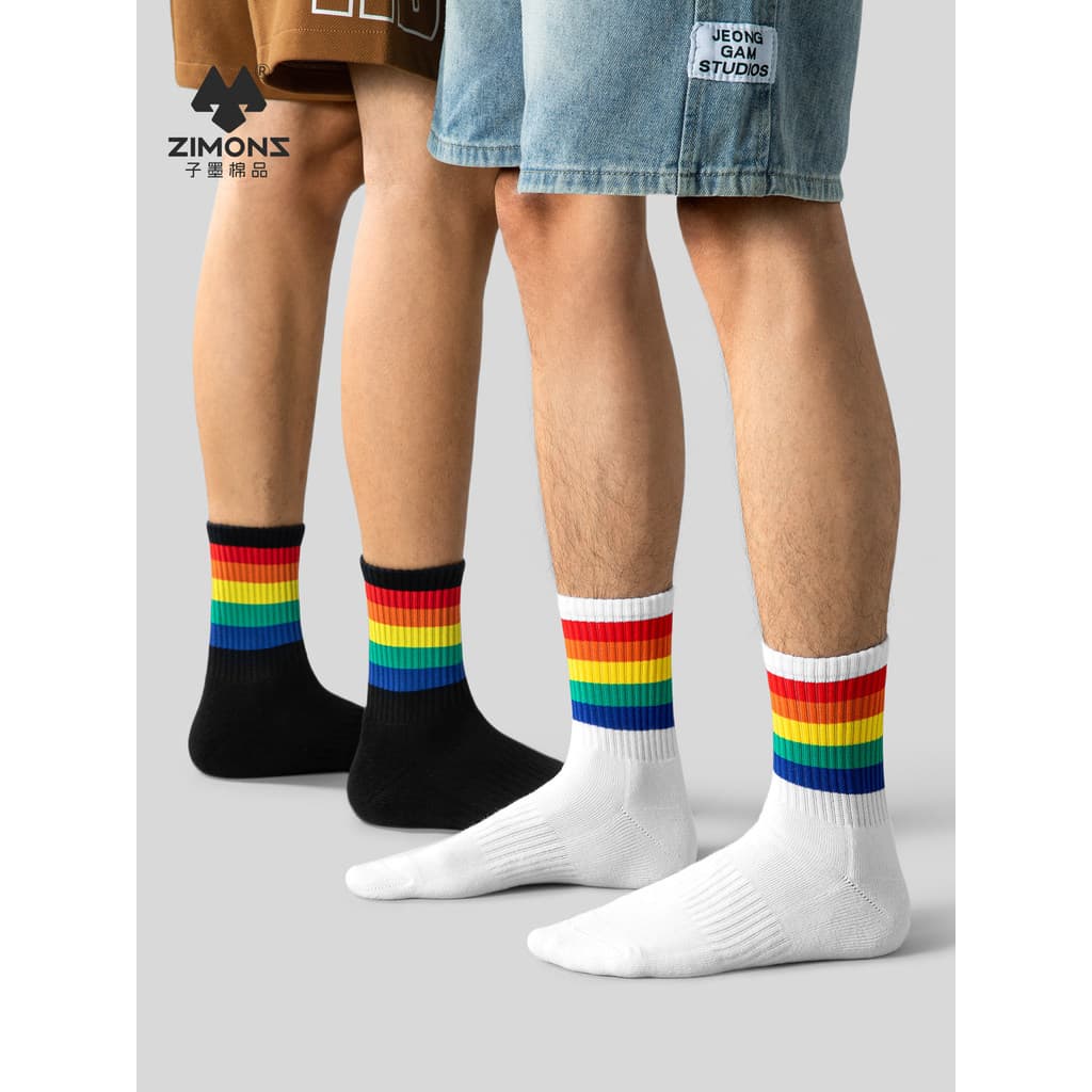 Zimo meias masculinas verão grosso toalha inferior puro algodão desodorante Mid-Tube meias arco-íris listras esportes Ba