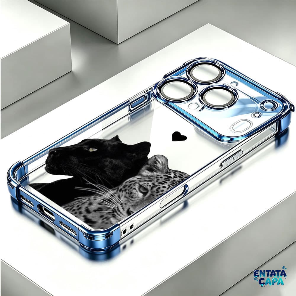 Capinha Capa Protetora Borda Cromada 4 Cantos Anti Queda Pantera e Onça para iPhone 17 Pro Max 13 14 11 12 16 15Plus Air