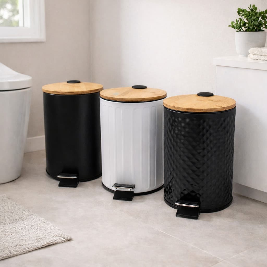 Lixeira Banheiro 5 Litros Inox Tampa Bambu Pedal Cesto Removível Lixo Cozinha Escritório Elegante