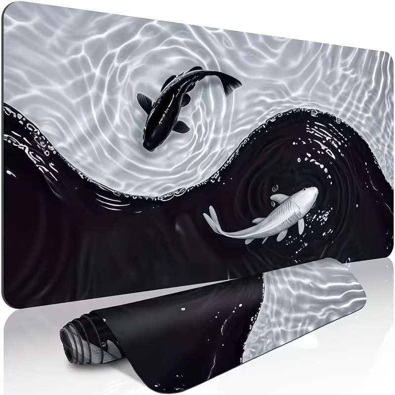 Yin Yang Preto Branco Koi Peixe Gaming Mouse Pad , Borda Costurada Antiderrapante Borracha Impermeável Grande Tapete De