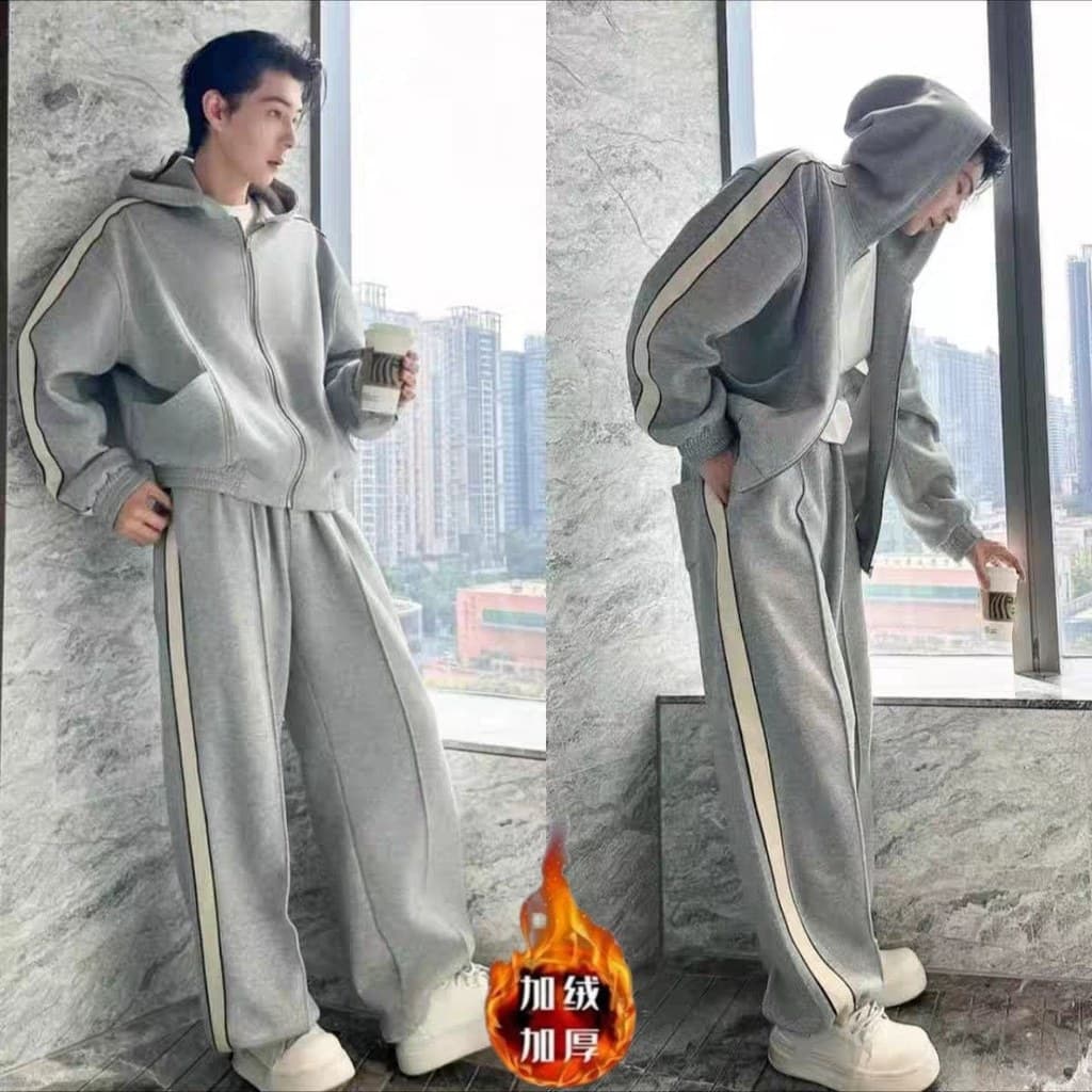 Novo moletom Casual padrão terno masculino com capuz terno esportivo solto moda combinando bonito dois conjuntos#新款休闲卫衣纹