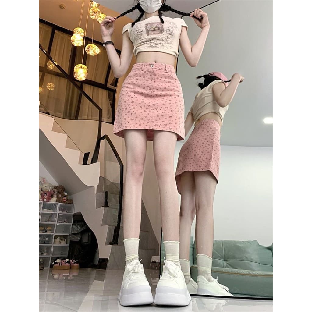 Saia jeans Floral alta estilo coreano feminina 2026 saia curta Anti-reflexo evasê