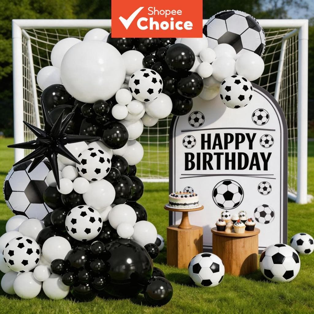 Conjunto de Arco de Balões de Futebol 102 Peças (Preto e Branco): 18in Bola de Futebol + Estrela Explosiva Preta de