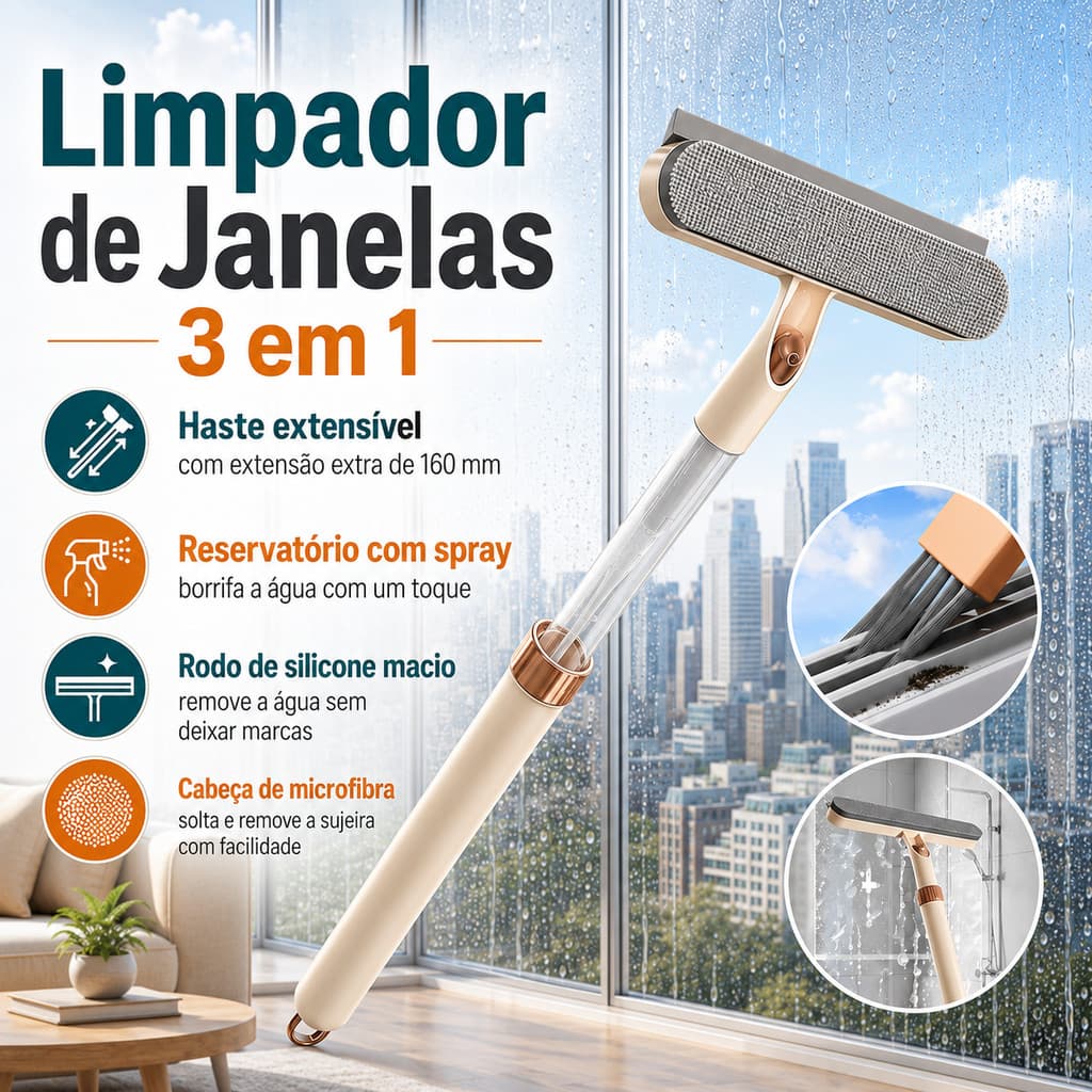 Rodo de Silicone para Limpeza de Espelhos e Vidros com Cabo Telescópico 5 em 1 para Pisos Banheiro Janelas e Casa