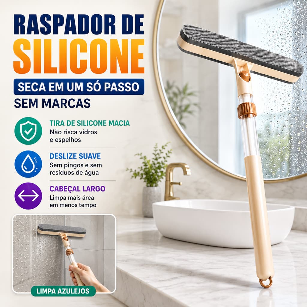 Rodo de Silicone para Limpeza de Espelhos e Vidros 5 em 1 Telescópico para Pisos Banheiro Seco e Molhado Multiuso