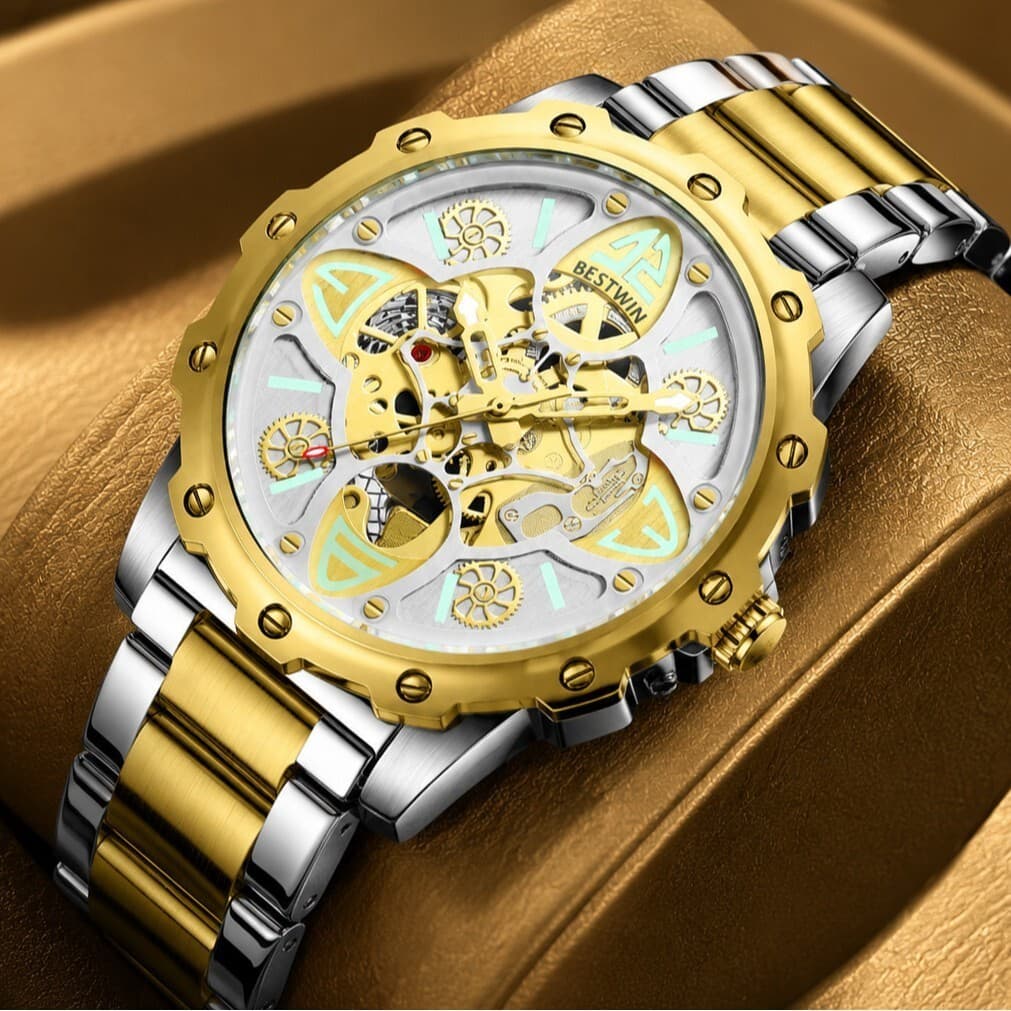 Relógio masculino com fundo transparente passagem médica BESTWIN oco não mecânico multicamadas tempo luminoso 72026