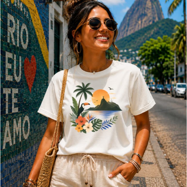 Camiseta Feminina Verão Estampa Tropical Floral Tucano Praia T-Shirt  Algodão Para Dia Dia