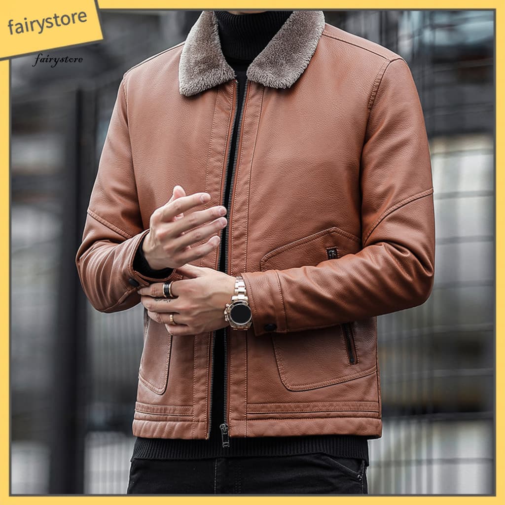Warm Winter Coat Men Imitation Leather Jacket Men's Autumn Faux with Velvet Lining Long Sleeve Zipper Solid Color Lapel