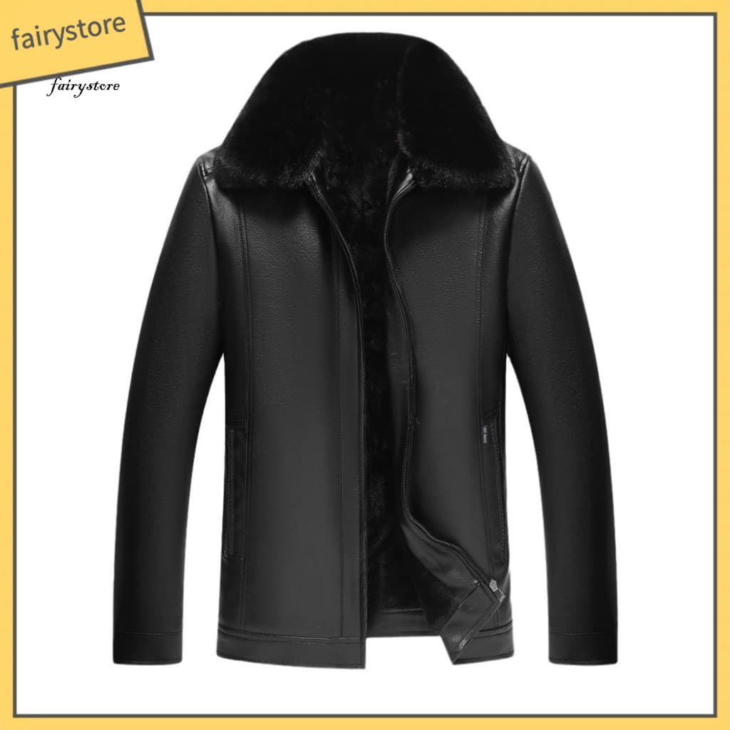 Men Faux Leather Jacket Zipper Placket Coat Men's with Fur Lapel Thickened Velvet Lining Windproof Long Sleeve Solid Col