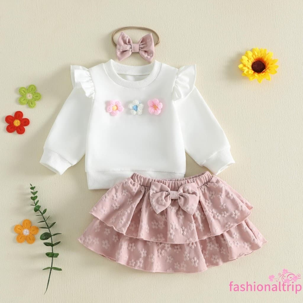 [FaSh] Conjunto De 3 Peças De Moletom Florido Para Meninas , Inverno E Outono + Saia Em Camadas + Faixa De Cabeça