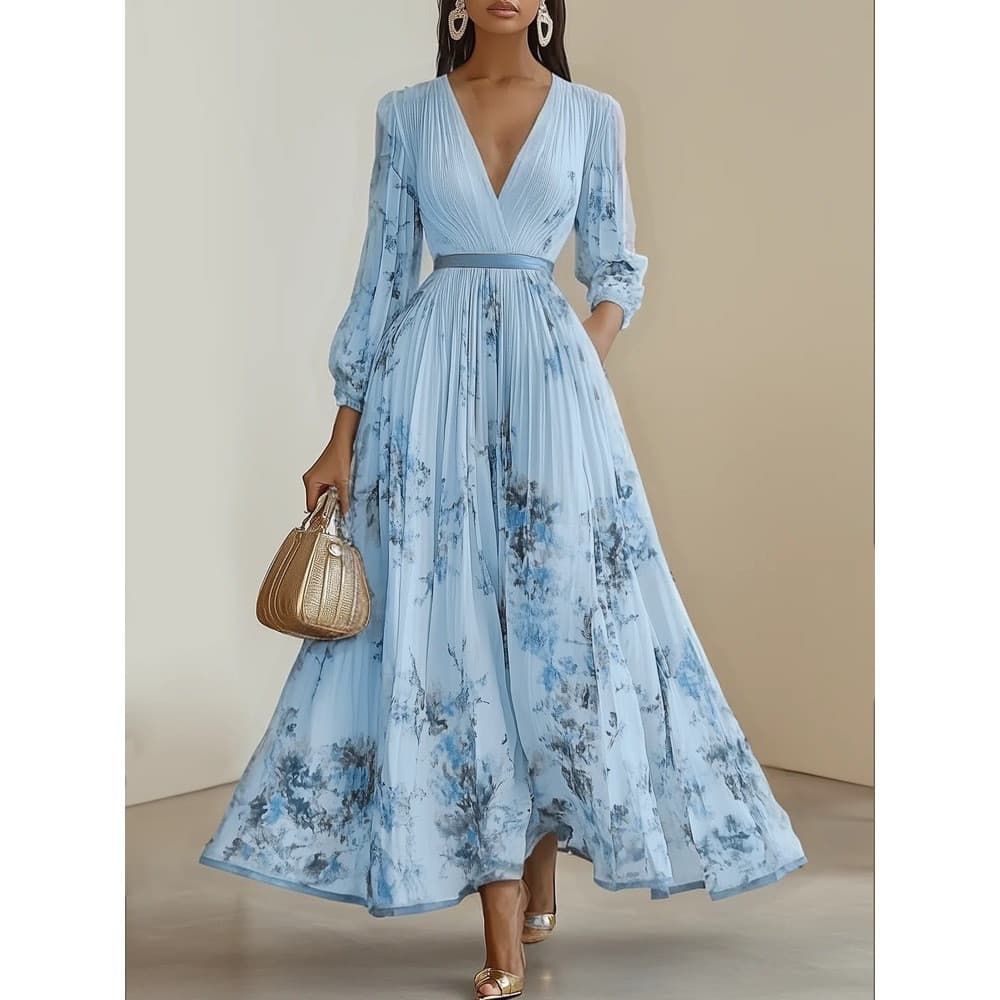 Vestido Maxi Floral Casual Feminino 2026 com Decote em V e Manga Longa para Festa de Réveillon 0671