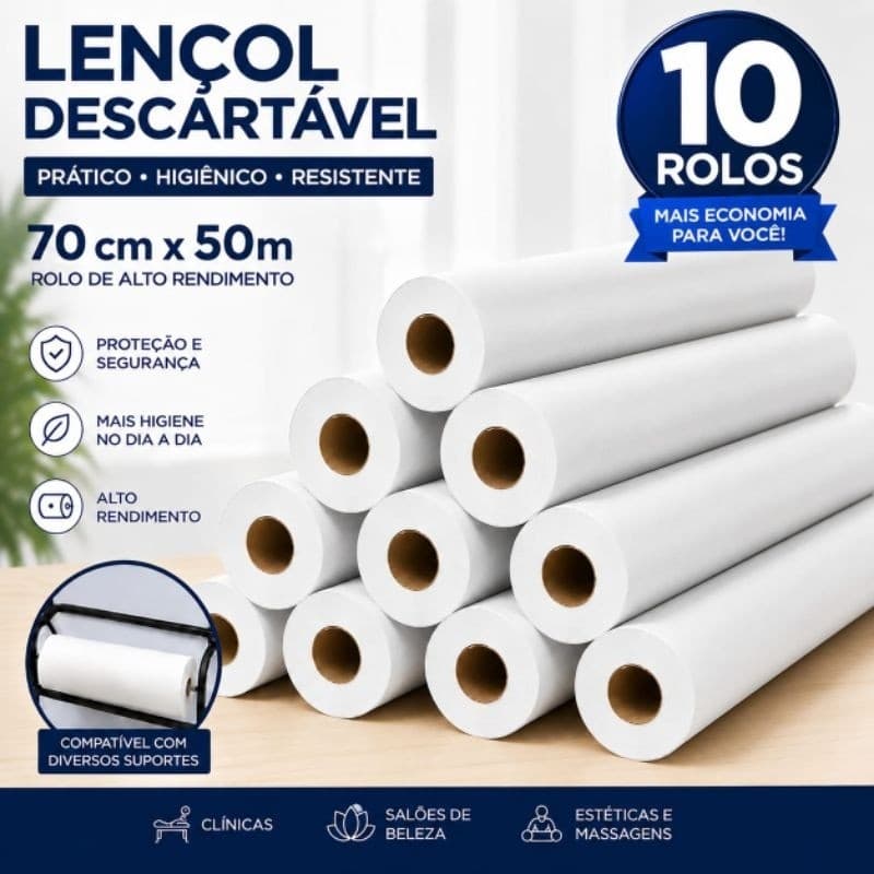 Kit 10 Lençóis Descartáveis para Maca 70cm x 50m Papel Branco Clínicas Estética Massagem Alto Rendimento35
