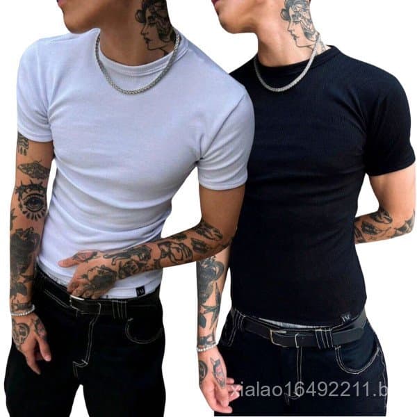 Kit 2 Camisetas Masculinas Básicas Caneladas Estilo Americano
